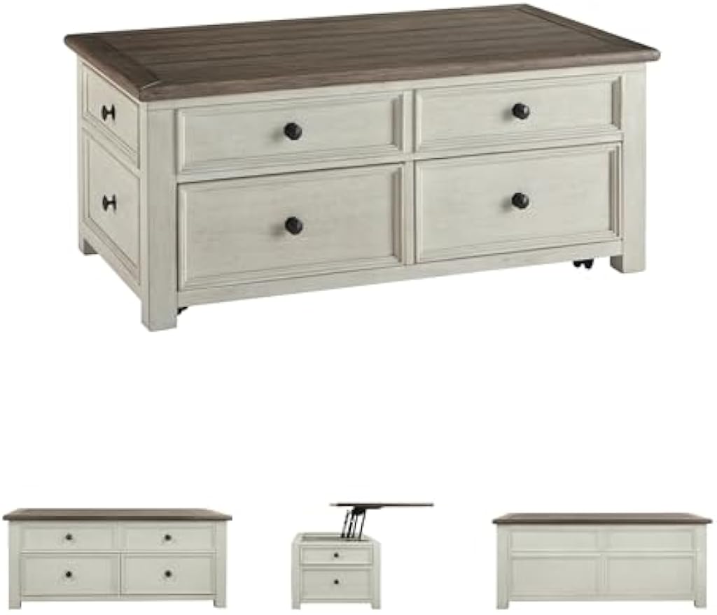 Signature Design by Ashley Bolanburg Farmhouse Lift Top Coffee Table with Drawers, Antique Cream & Brown