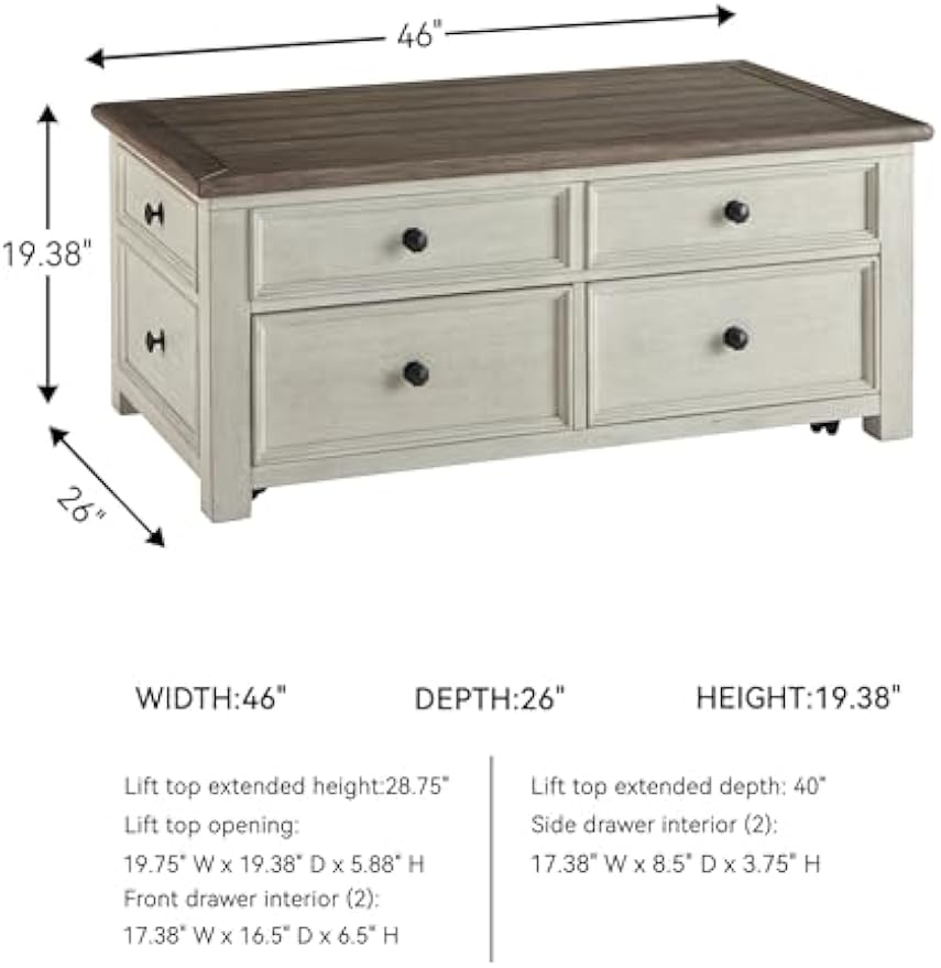 Signature Design by Ashley Bolanburg Farmhouse Lift Top Coffee Table with Drawers, Antique Cream & Brown