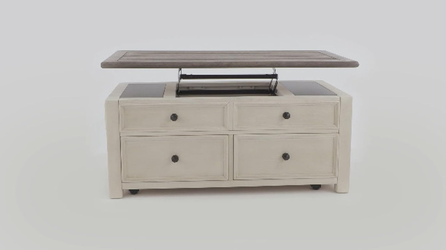 Signature Design by Ashley Bolanburg Farmhouse Lift Top Coffee Table with Drawers, Antique Cream & Brown