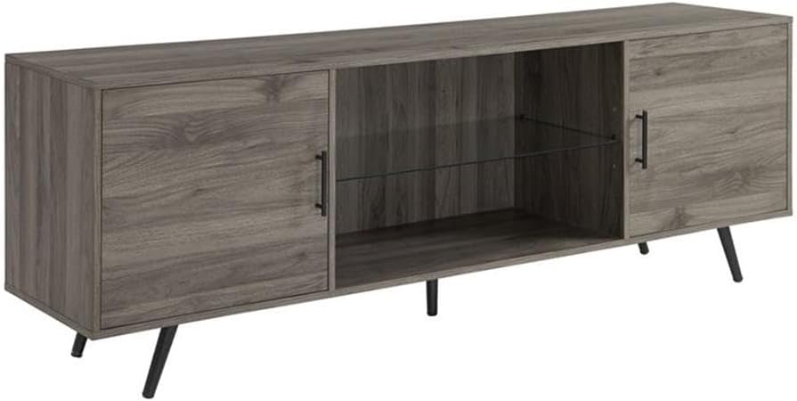 Walker Edison Saxon Mid Century Modern 2 Door Glass Shelf TV Stand for TVs up to 80 Inches, 70 Inch, Dark Walnut