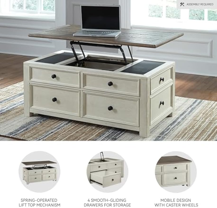 Signature Design by Ashley Bolanburg Farmhouse Lift Top Coffee Table with Drawers, Antique Cream & Brown