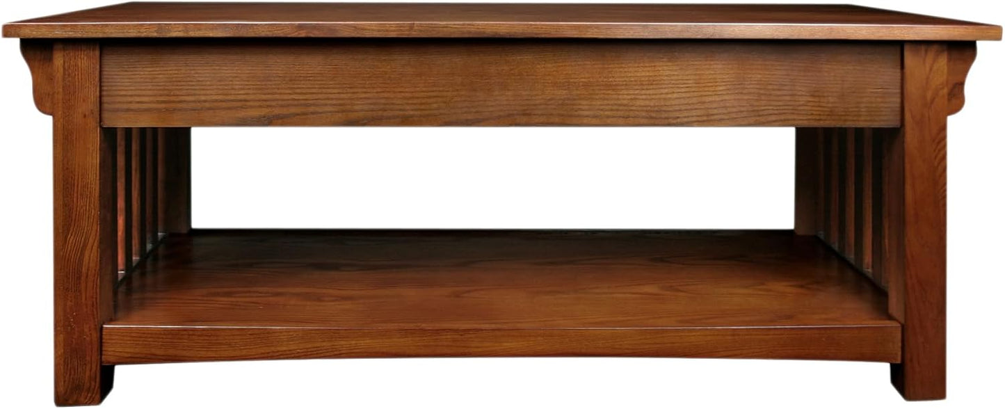 Leick Home Mission Coffee Table, Solid Wood Construction, Two Drawers, One Shelf, Slatted Sides, Medium Oak, 48.0 in. W x 24.0 in. D x 19.0 in. H, 8204