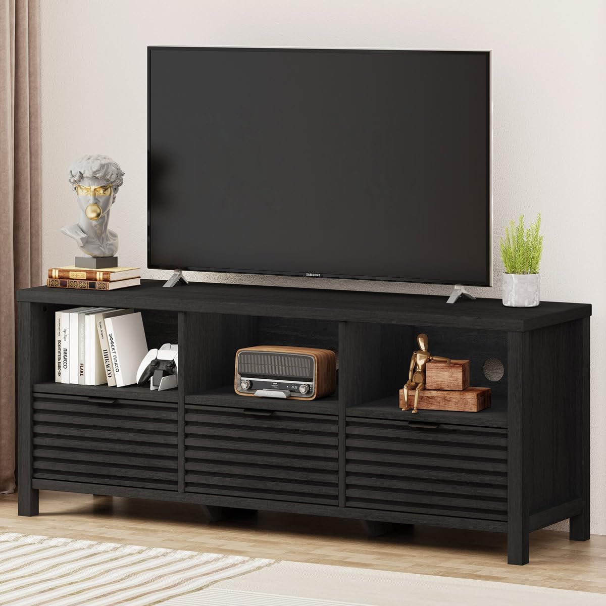 BON AUGURE Fluted TV Stand for 65/55/50 Inch TVs, Brown Modern Entertainment Center with Storage Drawers and Shelves, Wood Television Media Console Cabinet for Living Room,Bedroom (Rustic Oak)