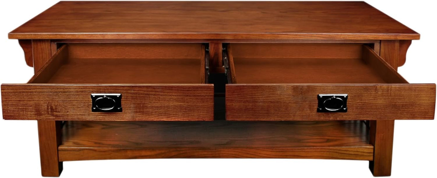 Leick Home Mission Coffee Table, Solid Wood Construction, Two Drawers, One Shelf, Slatted Sides, Medium Oak, 48.0 in. W x 24.0 in. D x 19.0 in. H, 8204