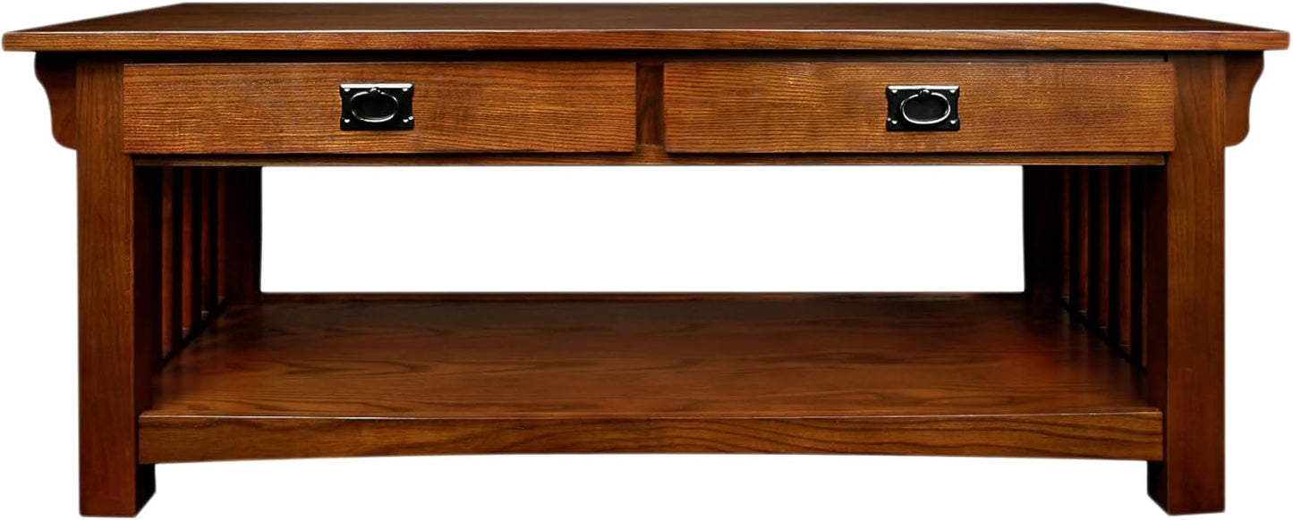 Leick Home Mission Coffee Table, Solid Wood Construction, Two Drawers, One Shelf, Slatted Sides, Medium Oak, 48.0 in. W x 24.0 in. D x 19.0 in. H, 8204