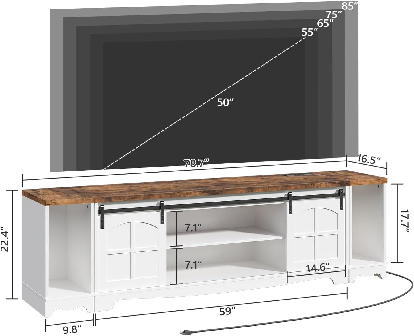 Modern Farmhouse 3 in 1 TV Stand for up to 85" TVs, 78'' Entertainment Center with Charging Station and Open Storage, 4 AC Outlets,for Living Room, Bedroom, White and Rustic Brown TVBR20E01