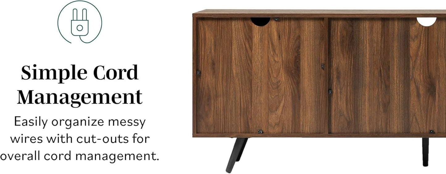 Walker Edison Saxon Mid Century Modern 2 Door Glass Shelf TV Stand for TVs up to 80 Inches, 70 Inch, Dark Walnut