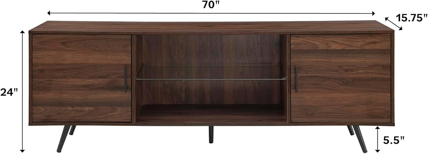 Walker Edison Saxon Mid Century Modern 2 Door Glass Shelf TV Stand for TVs up to 80 Inches, 70 Inch, Dark Walnut