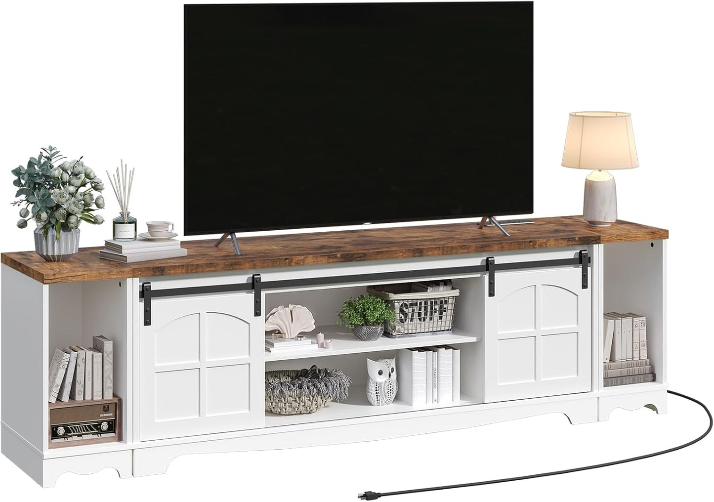 Modern Farmhouse 3 in 1 TV Stand for up to 85" TVs, 78'' Entertainment Center with Charging Station and Open Storage, 4 AC Outlets,for Living Room, Bedroom, White and Rustic Brown TVBR20E01
