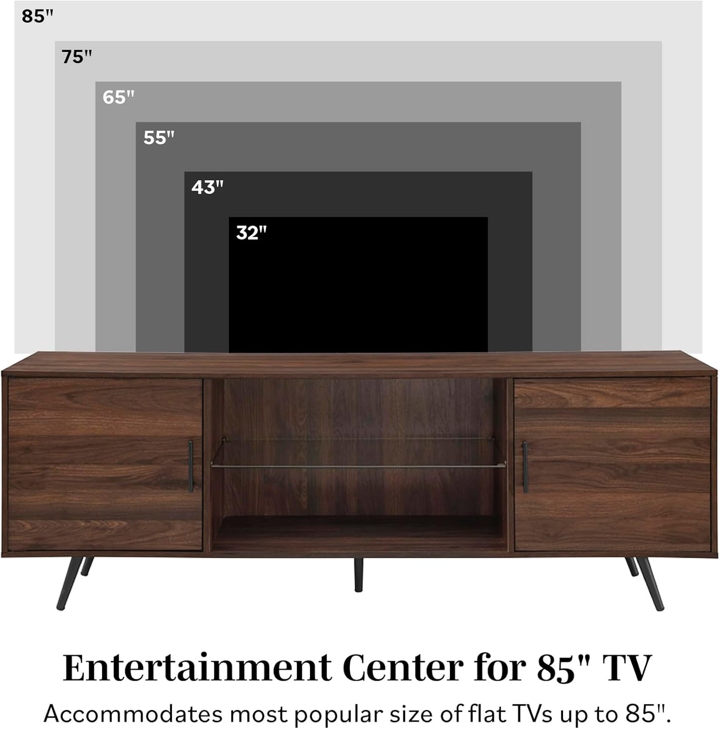 Walker Edison Saxon Mid Century Modern 2 Door Glass Shelf TV Stand for TVs up to 80 Inches, 70 Inch, Dark Walnut