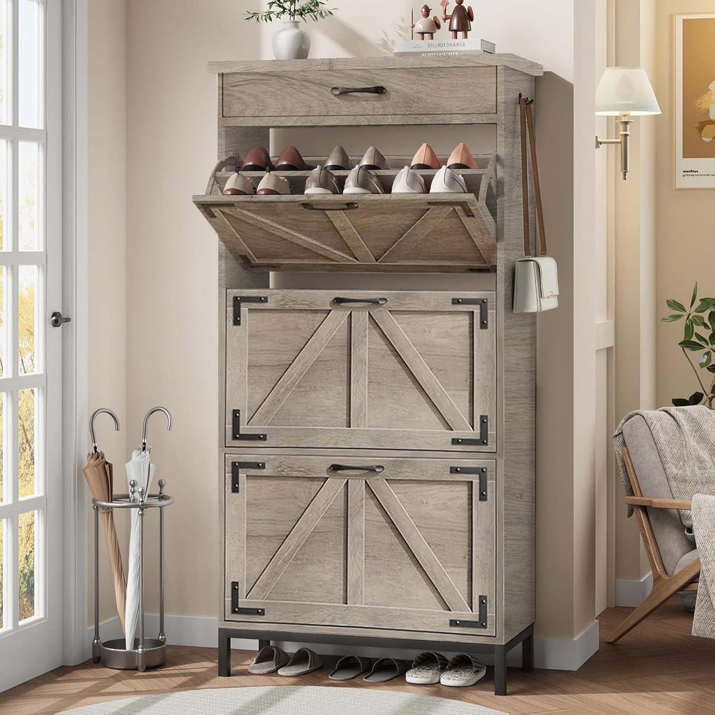 Shoe Storage Cabinet with 2 Flip Drawers, Narrow Shoe Cabinet for Entryway with 1 Top Drawer, Freestanding Hidden Shoe Rack Cabinet with Metal Legs for Foyer, Hallway (Grey)
