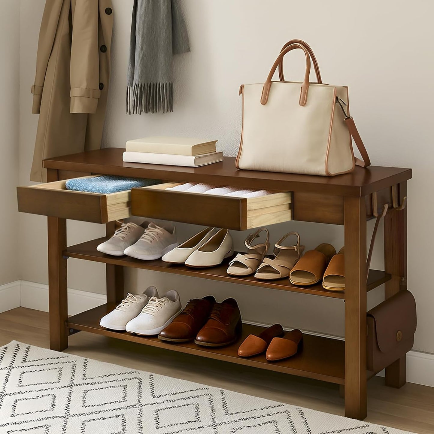 Wood Shoe Bench Entryway with Drawer: 3-Tiers Wooden Storage Shoe Rack with Bench Seat, Compact Mid-Century Modern Design for Entryway, Hallway, Closet,Front Door Entrance,Foyer Natural 43.3"