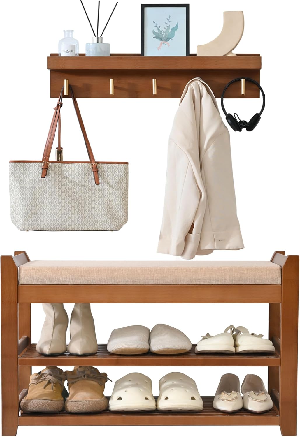 47.2 in Shoe Rack Bench with Cushion, 3 Tier Bamboo Entryway Bench with Storage for Entryway, Hallway, Bedroom, Living Room