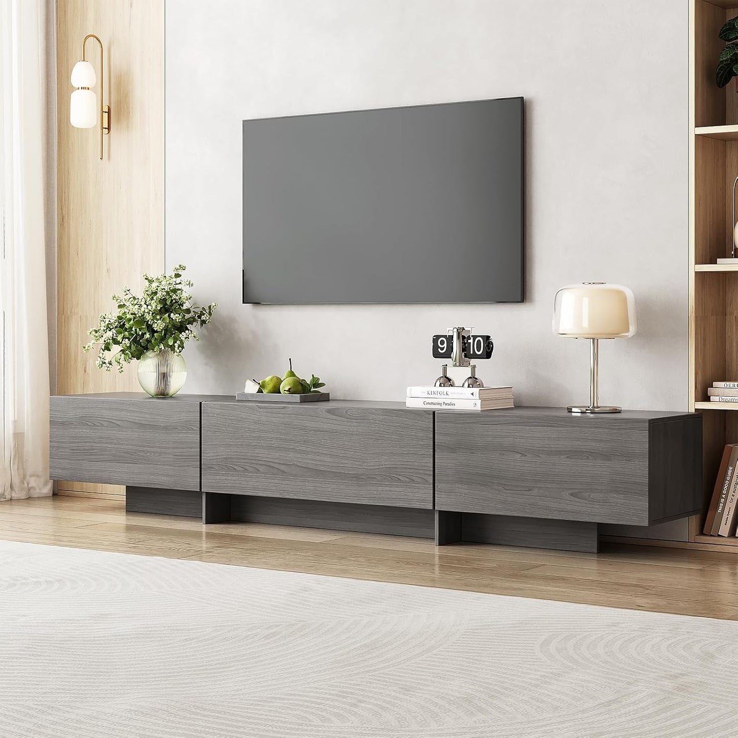 86.61'' Tambour TV Stand for 55-85 Inch, Modern Entertainment Center with Large Storage Cabinet & Open Shelves, TV Console with Sliding Doors for Living Room, Bedroom, Natural