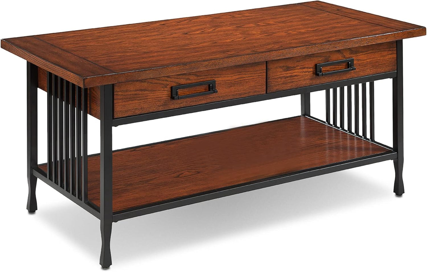 Leick Home Mission Coffee Table, Solid Wood Construction, Two Drawers, One Shelf, Slatted Sides, Medium Oak, 48.0 in. W x 24.0 in. D x 19.0 in. H, 8204
