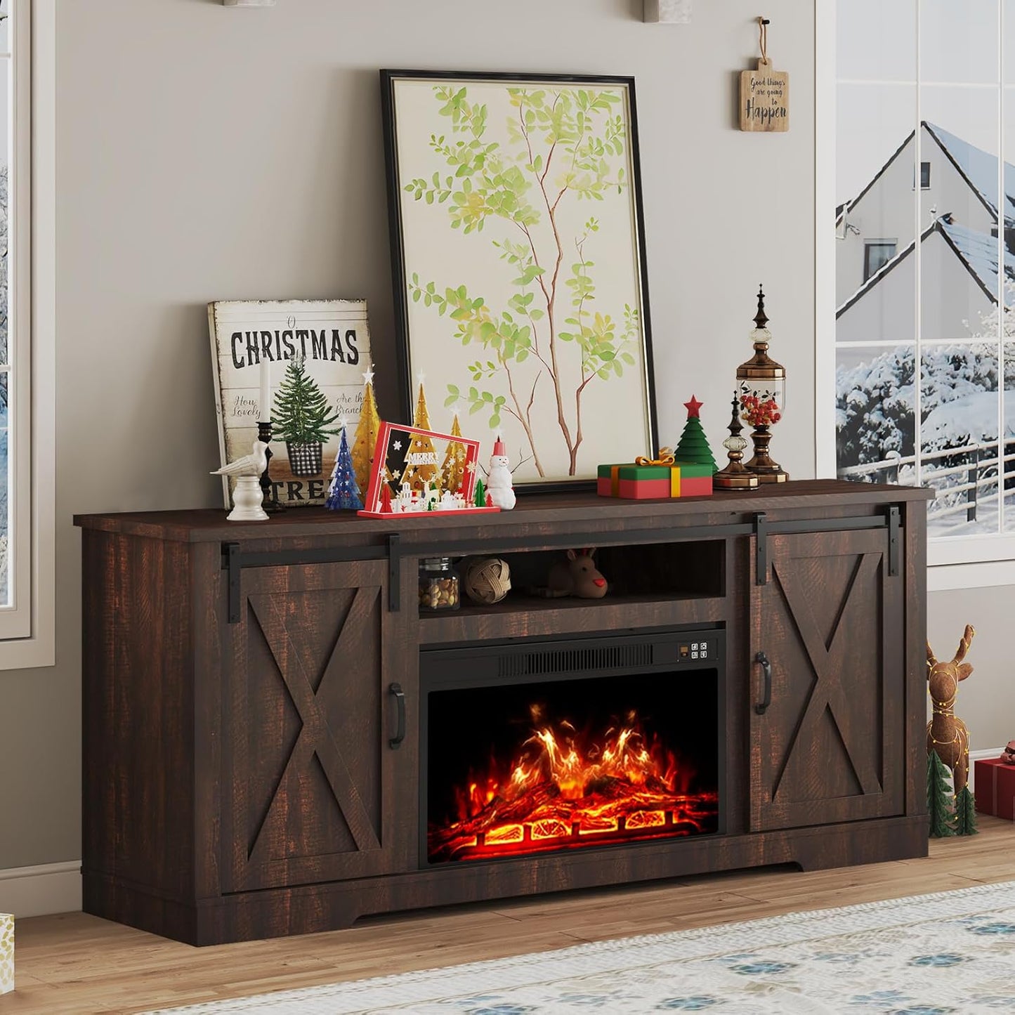 AMERLIFE Fireplace TV Stand with Sliding Barn Door for TVs up to 73", Farmhouse 63" Fireplace Entertainment Center with Storage Cabinets/Adjustable Shelves, Distressed White & Barnwood