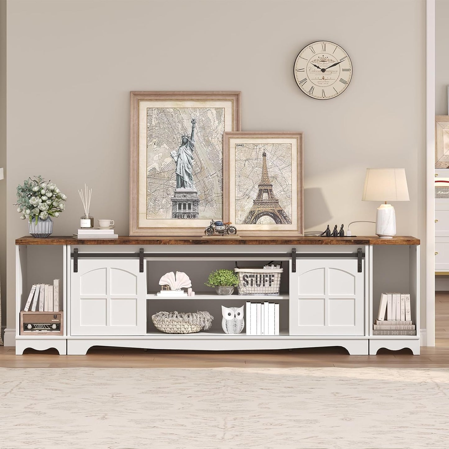 Modern Farmhouse 3 in 1 TV Stand for up to 85" TVs, 78'' Entertainment Center with Charging Station and Open Storage, 4 AC Outlets,for Living Room, Bedroom, White and Rustic Brown TVBR20E01