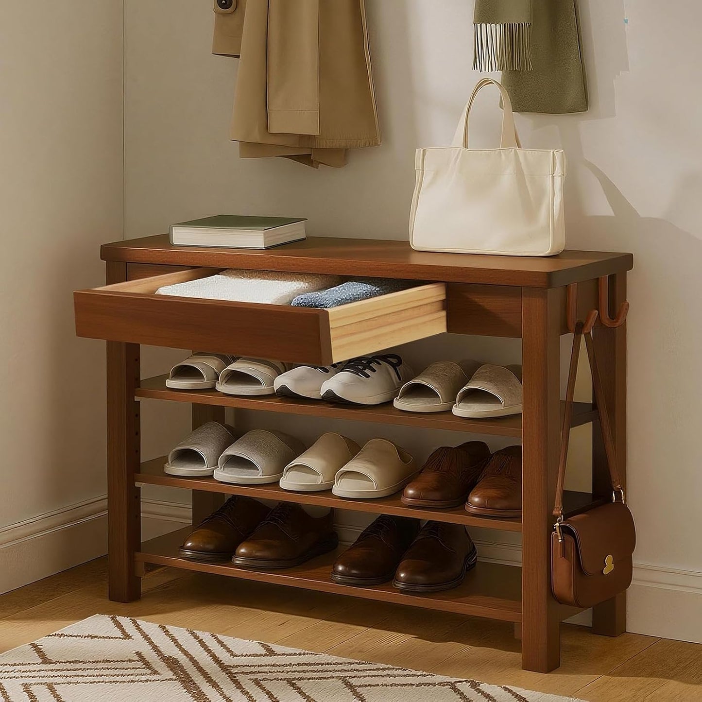 Wood Shoe Bench Entryway with Drawer: 3-Tiers Wooden Storage Shoe Rack with Bench Seat, Compact Mid-Century Modern Design for Entryway, Hallway, Closet,Front Door Entrance,Foyer Natural 43.3"