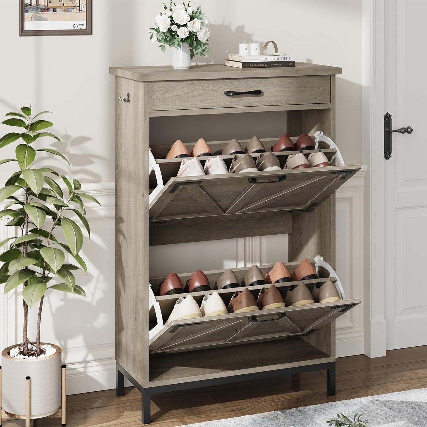 Shoe Storage Cabinet with 2 Flip Drawers, Narrow Shoe Cabinet for Entryway with 1 Top Drawer, Freestanding Hidden Shoe Rack Cabinet with Metal Legs for Foyer, Hallway (Grey)