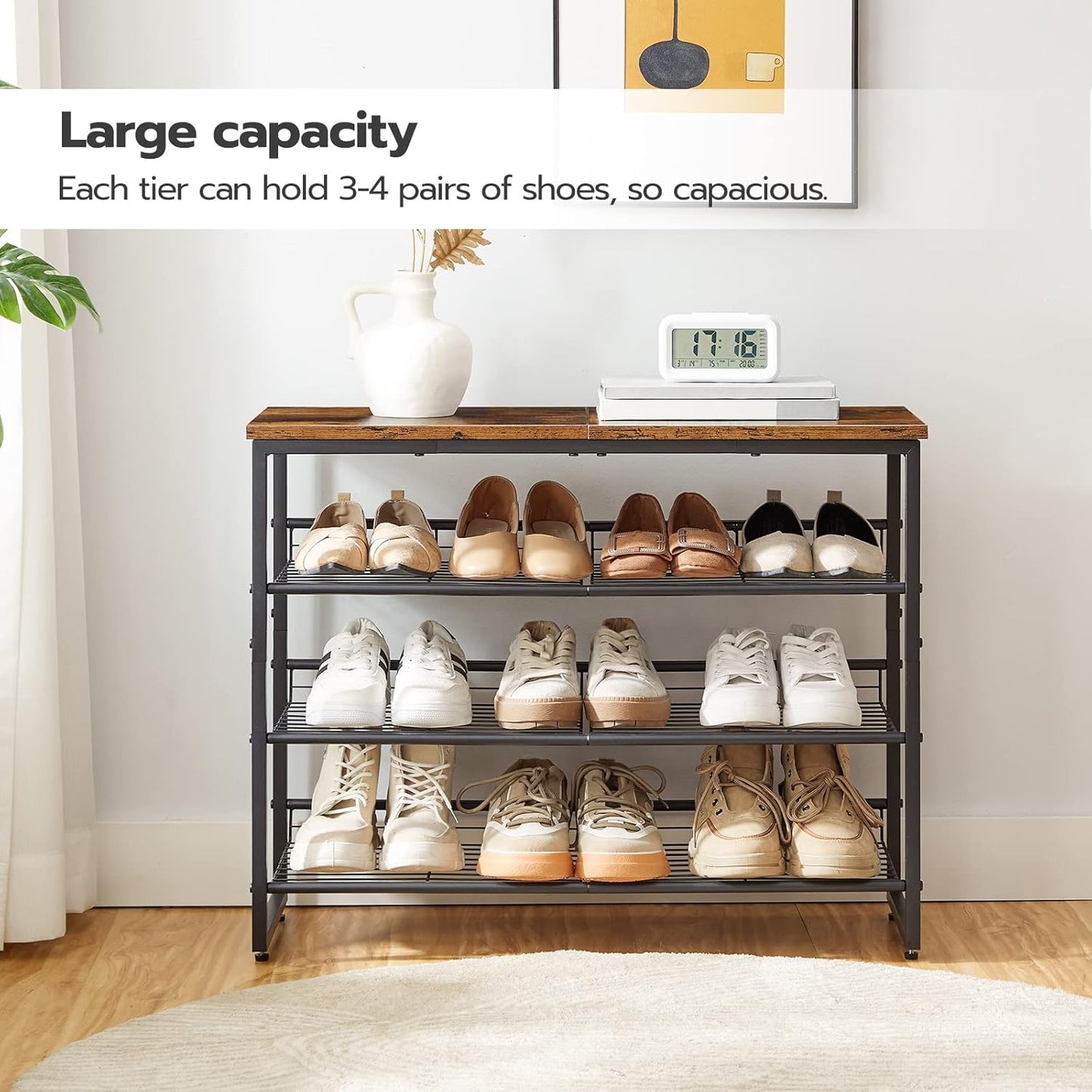 HOOBRO Shoe Rack, 4 Tier Shoe Organizer, Adjustable Shoe Shelves, Flat or Slanted, Holds 9-12 Pairs, Stable and Durable for Entryway, Closet, Rustic Brown and Black BF09XJ01
