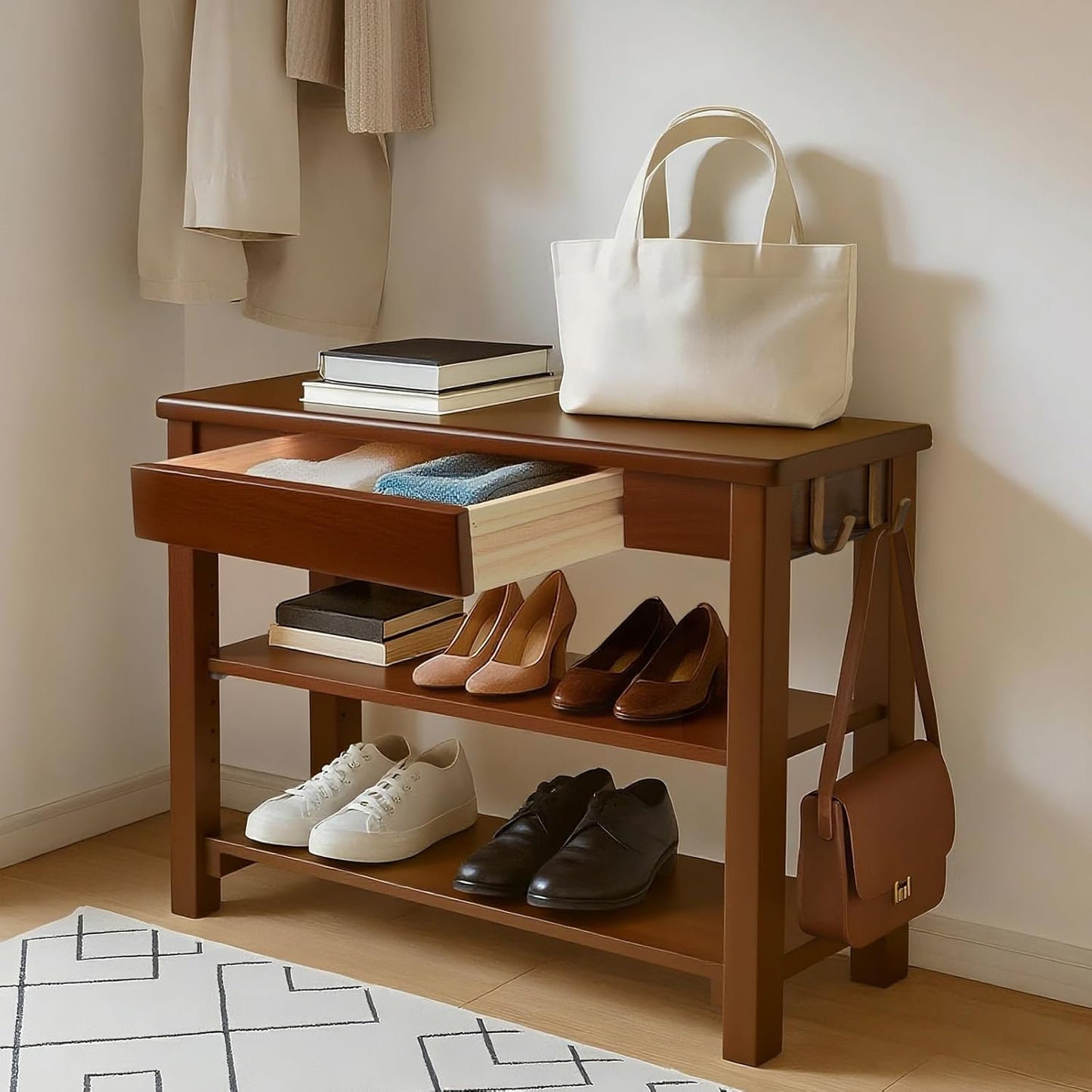 Wood Shoe Bench Entryway with Drawer: 3-Tiers Wooden Storage Shoe Rack with Bench Seat, Compact Mid-Century Modern Design for Entryway, Hallway, Closet,Front Door Entrance,Foyer Natural 43.3"