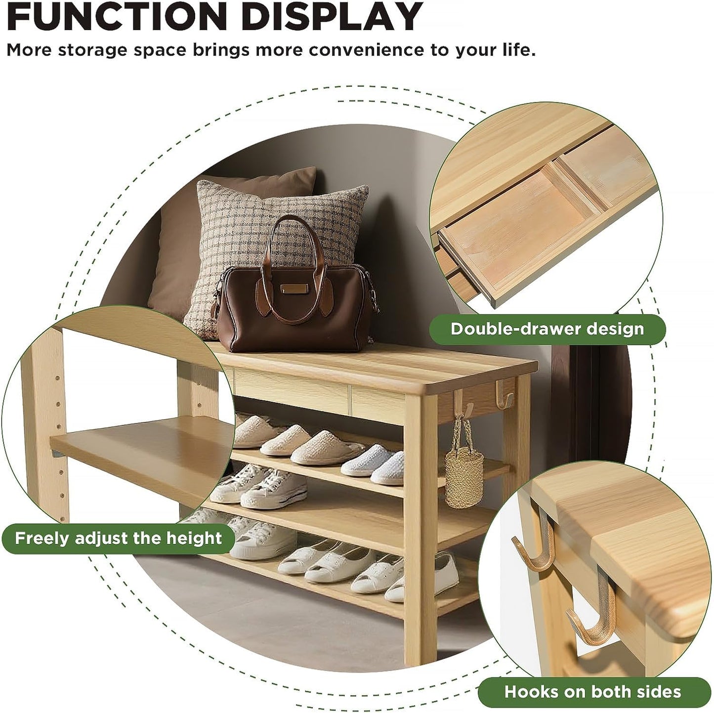 Wood Shoe Bench Entryway with Drawer: 3-Tiers Wooden Storage Shoe Rack with Bench Seat, Compact Mid-Century Modern Design for Entryway, Hallway, Closet,Front Door Entrance,Foyer Natural 43.3"