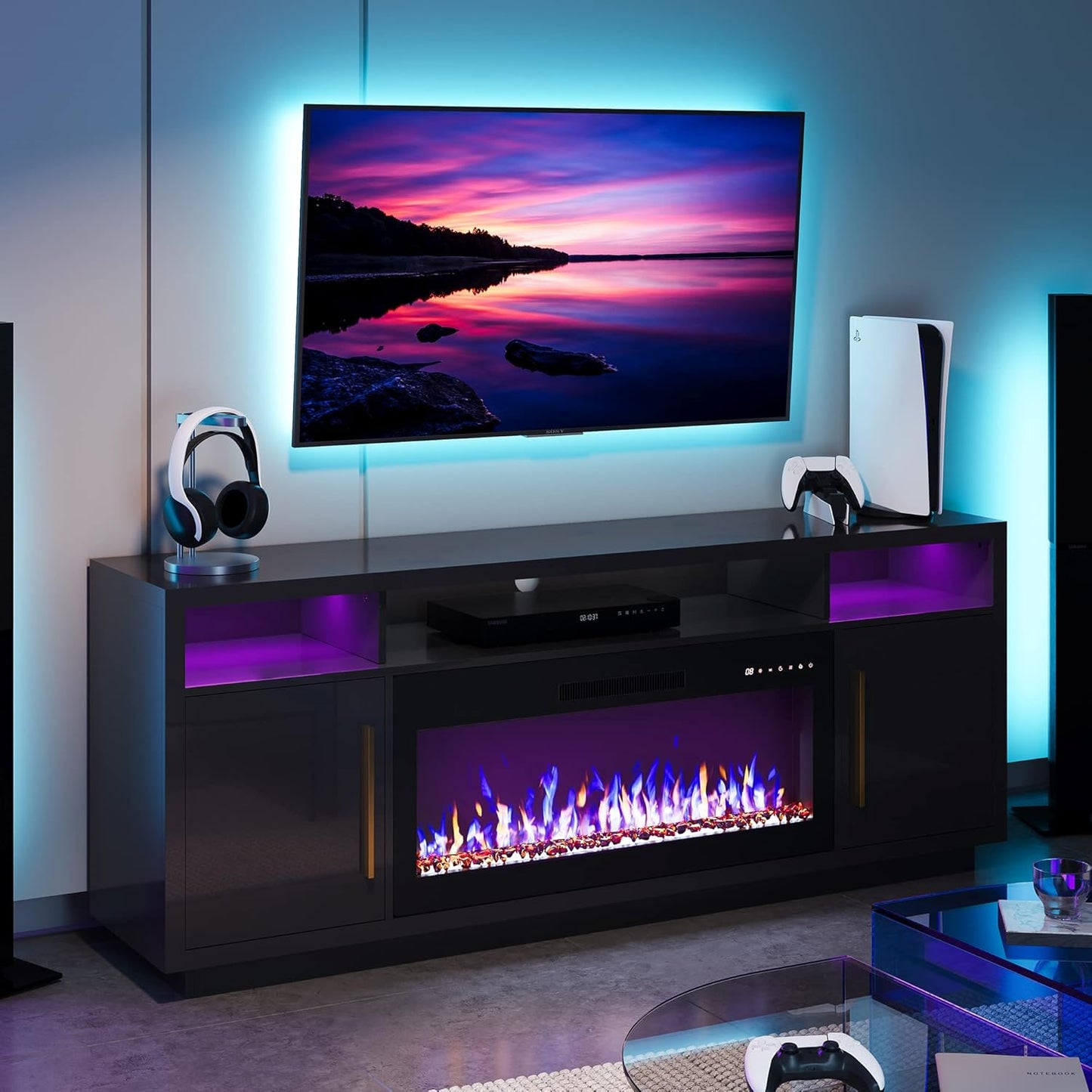 BELLEZE 70" Fireplace TV Stand for TVs Up to 80", LED Light Entertainment Center with 36" Electric Fireplace Heater, Storage Cabinet, Media Console Table for Living Room - Avenue (Black)