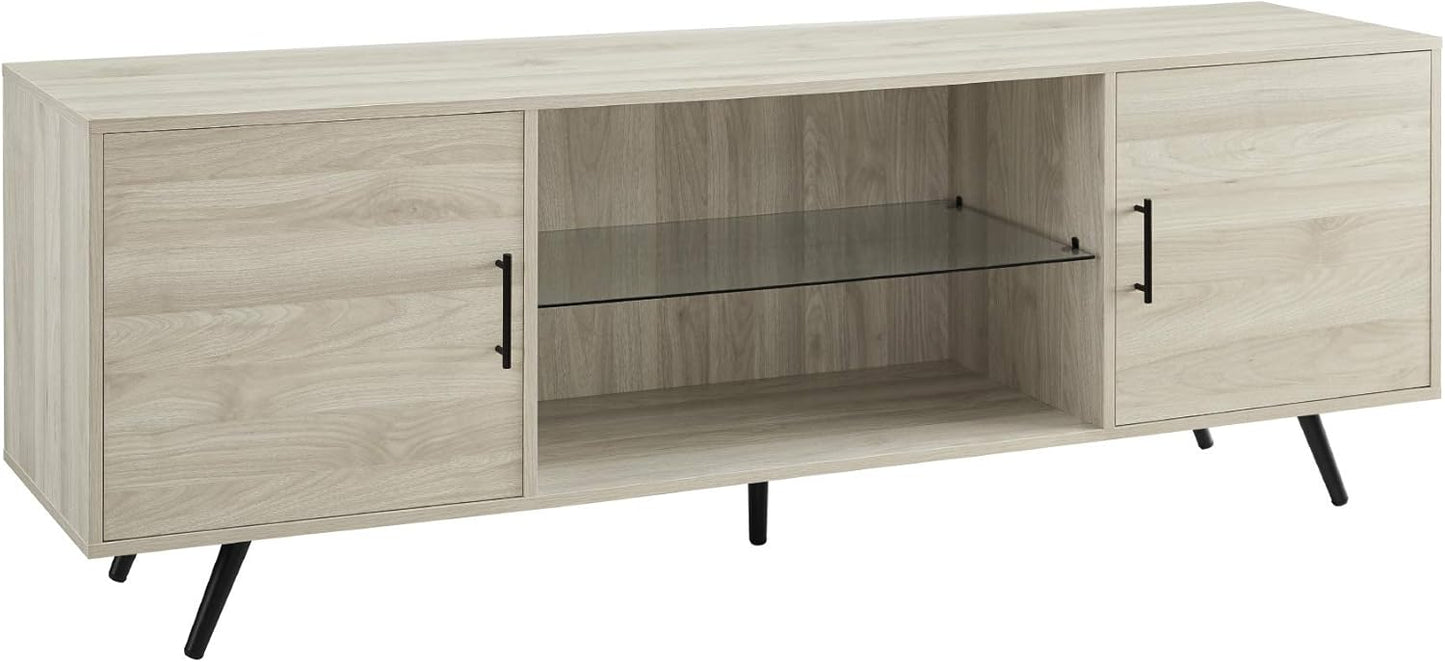 Walker Edison Saxon Mid Century Modern 2 Door Glass Shelf TV Stand for TVs up to 80 Inches, 70 Inch, Dark Walnut