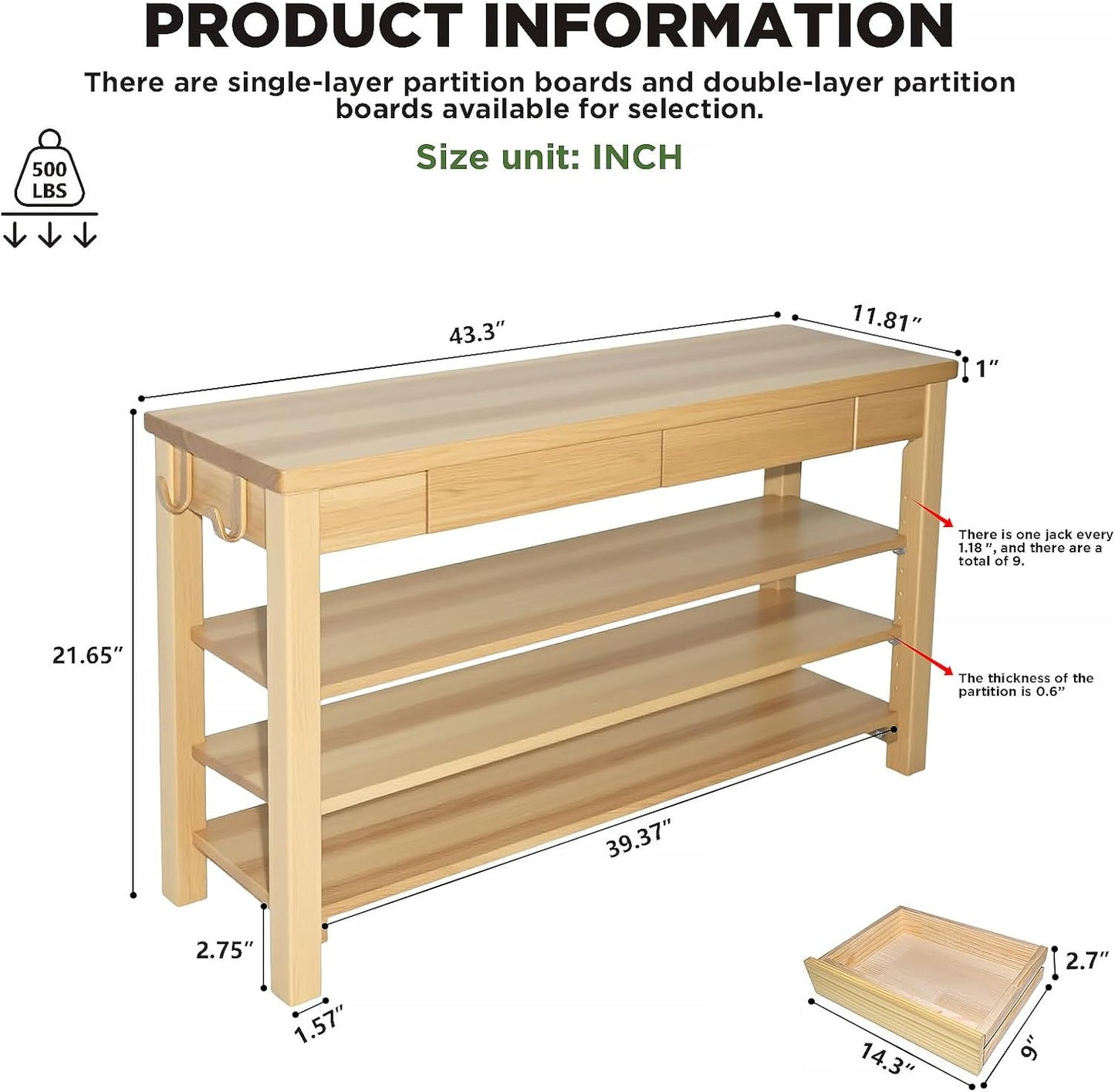 Wood Shoe Bench Entryway with Drawer: 3-Tiers Wooden Storage Shoe Rack with Bench Seat, Compact Mid-Century Modern Design for Entryway, Hallway, Closet,Front Door Entrance,Foyer Natural 43.3"