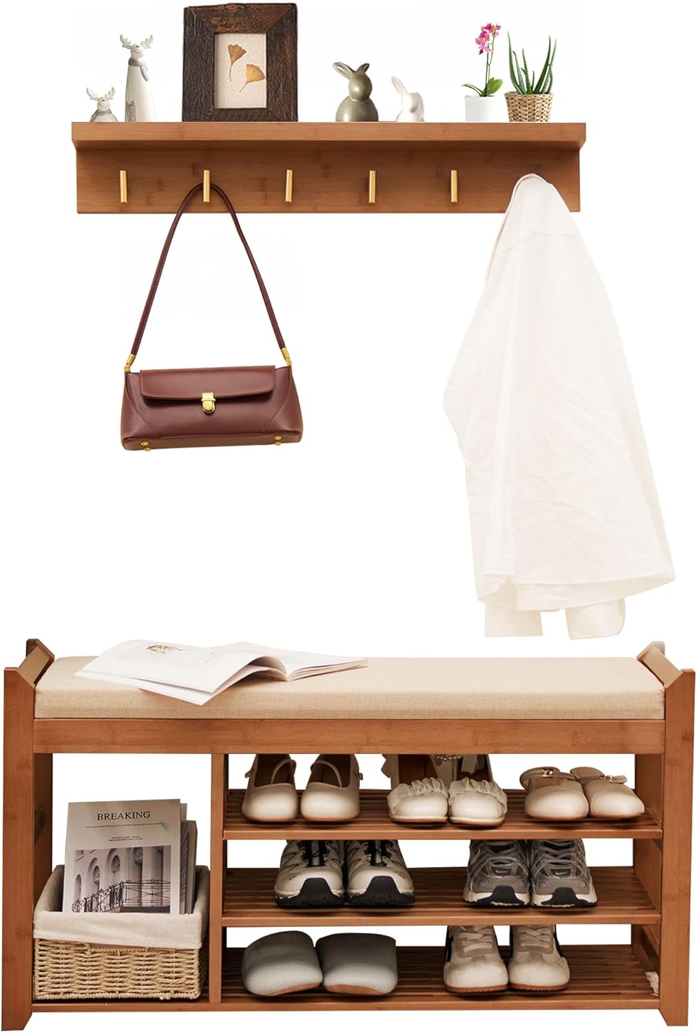 47.2 in Shoe Rack Bench with Cushion, 3 Tier Bamboo Entryway Bench with Storage for Entryway, Hallway, Bedroom, Living Room