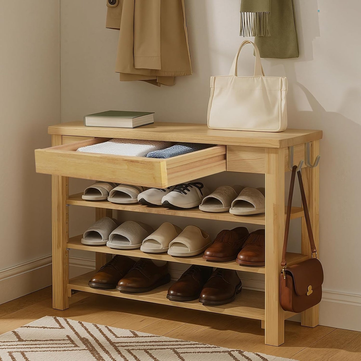 Wood Shoe Bench Entryway with Drawer: 3-Tiers Wooden Storage Shoe Rack with Bench Seat, Compact Mid-Century Modern Design for Entryway, Hallway, Closet,Front Door Entrance,Foyer Natural 43.3"