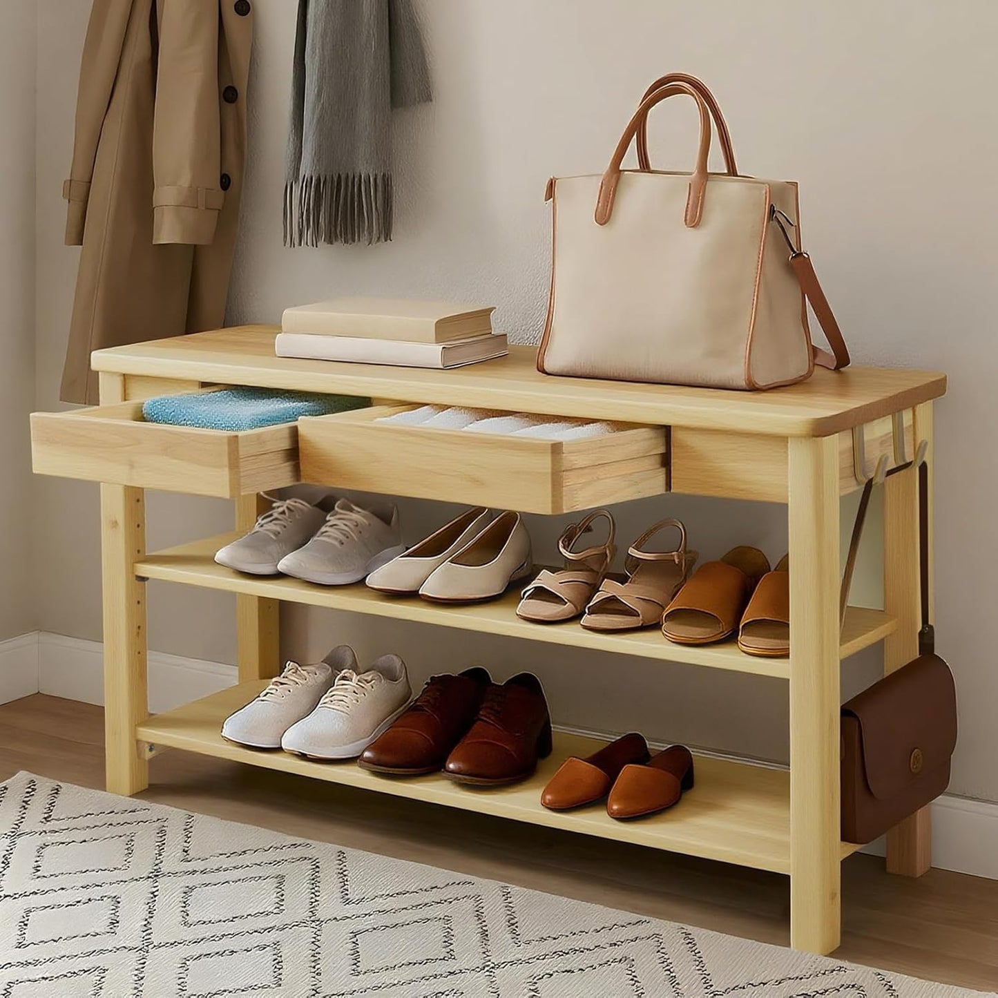 Wood Shoe Bench Entryway with Drawer: 3-Tiers Wooden Storage Shoe Rack with Bench Seat, Compact Mid-Century Modern Design for Entryway, Hallway, Closet,Front Door Entrance,Foyer Natural 43.3"