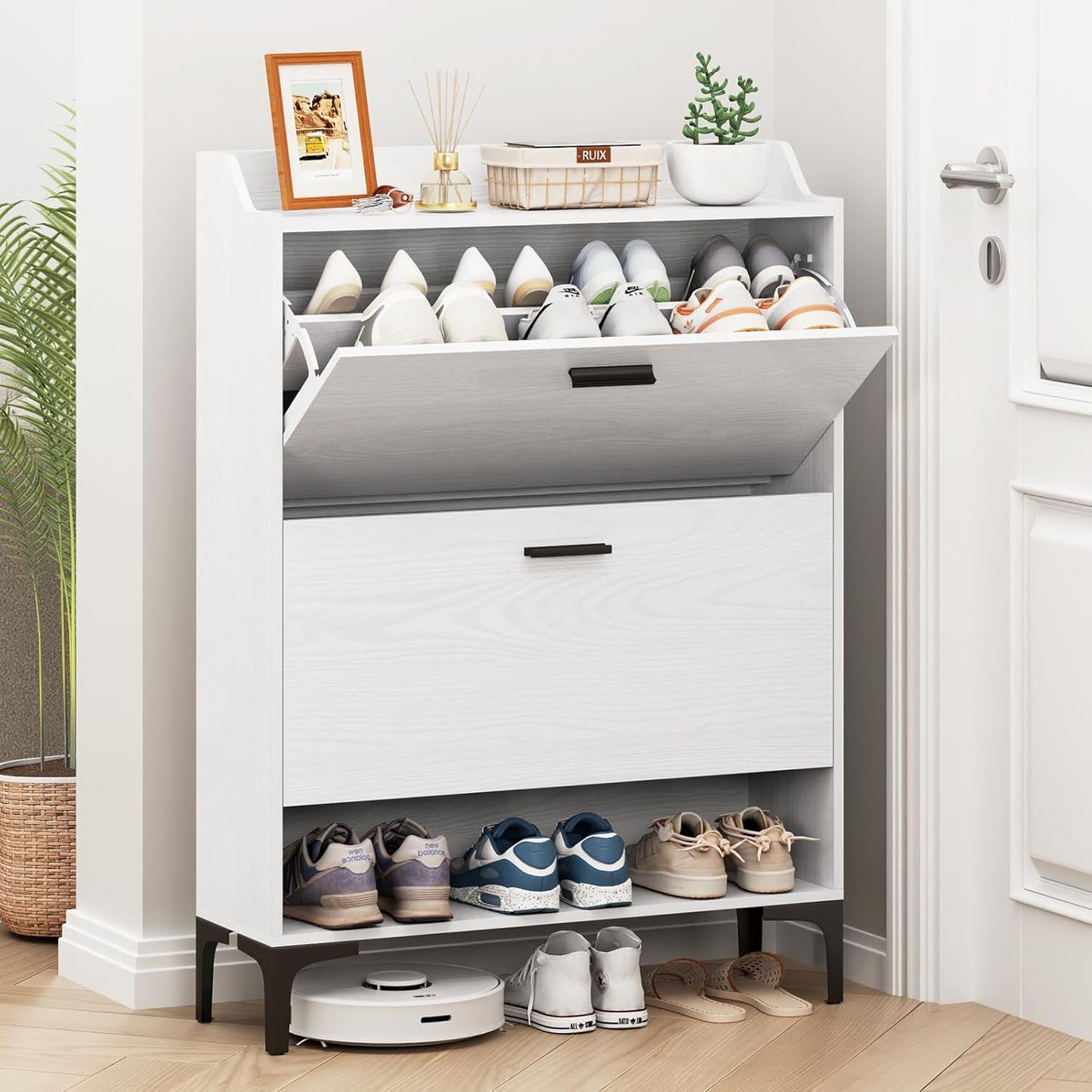 Gadroad Rattan Shoe Storage Cabinet with 2 Flip Drawers, Freestanding Shoe Organizer with Metal Legs for Entryway, Semi Circle Shoe Rack Cabinet (Natural)