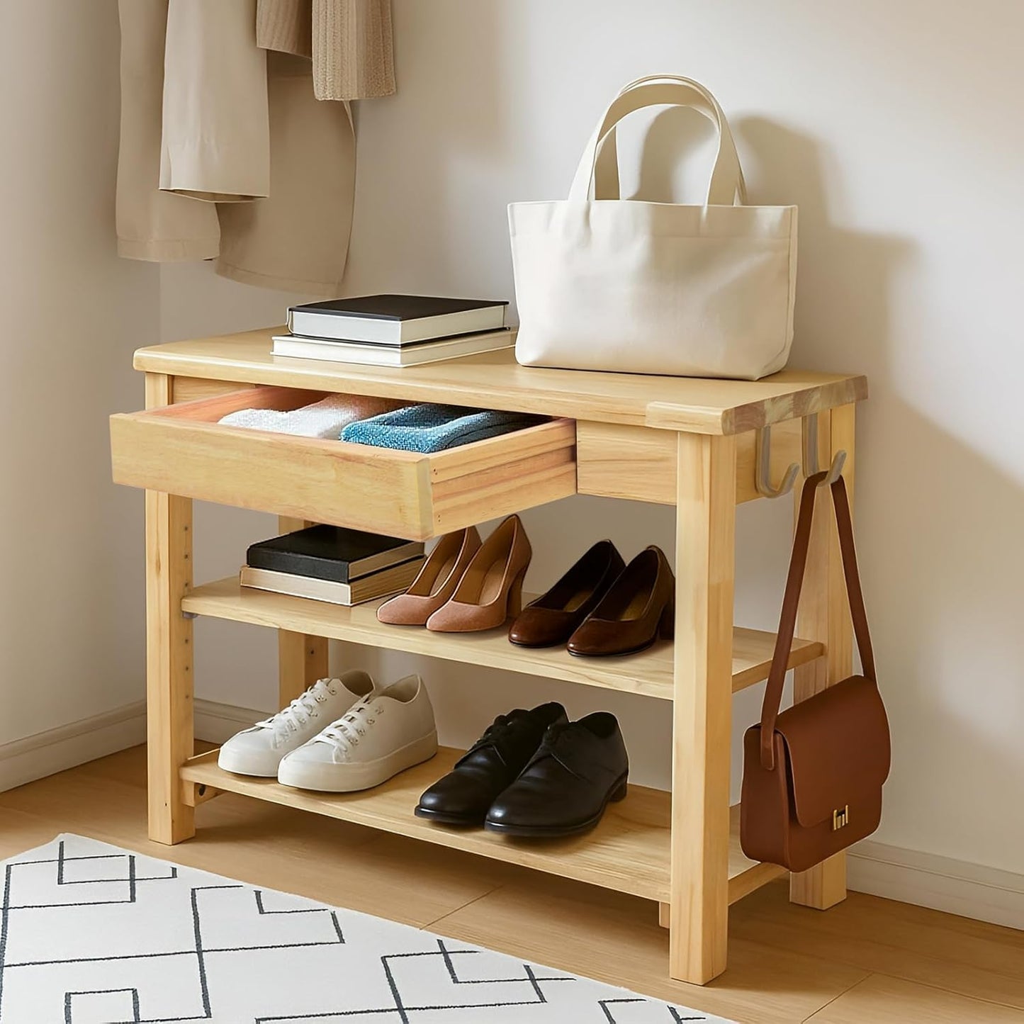 Wood Shoe Bench Entryway with Drawer: 3-Tiers Wooden Storage Shoe Rack with Bench Seat, Compact Mid-Century Modern Design for Entryway, Hallway, Closet,Front Door Entrance,Foyer Natural 43.3"
