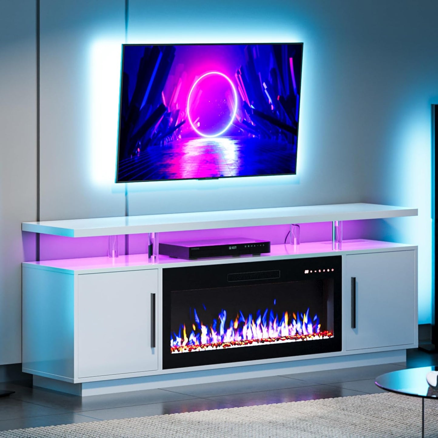 BELLEZE 70" Fireplace TV Stand for TVs Up to 80", LED Light Entertainment Center with 36" Electric Fireplace Heater, Storage Cabinet, Media Console Table for Living Room - Avenue (Black)
