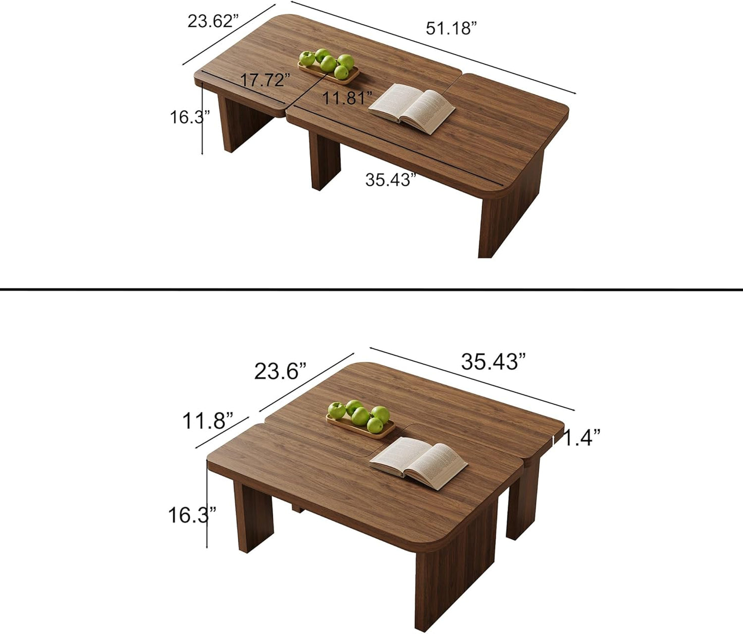 Mid Century Modern Coffee Table for Living Room, Wood Coffee Table with Free Adjustable Shape, Square Living Room Table Minimalist Tea Table, Brown