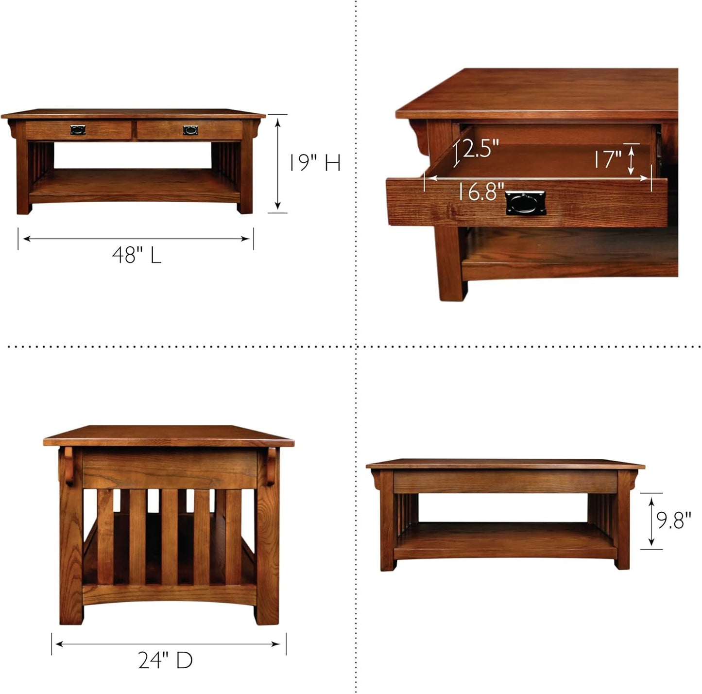 Leick Home Mission Coffee Table, Solid Wood Construction, Two Drawers, One Shelf, Slatted Sides, Medium Oak, 48.0 in. W x 24.0 in. D x 19.0 in. H, 8204