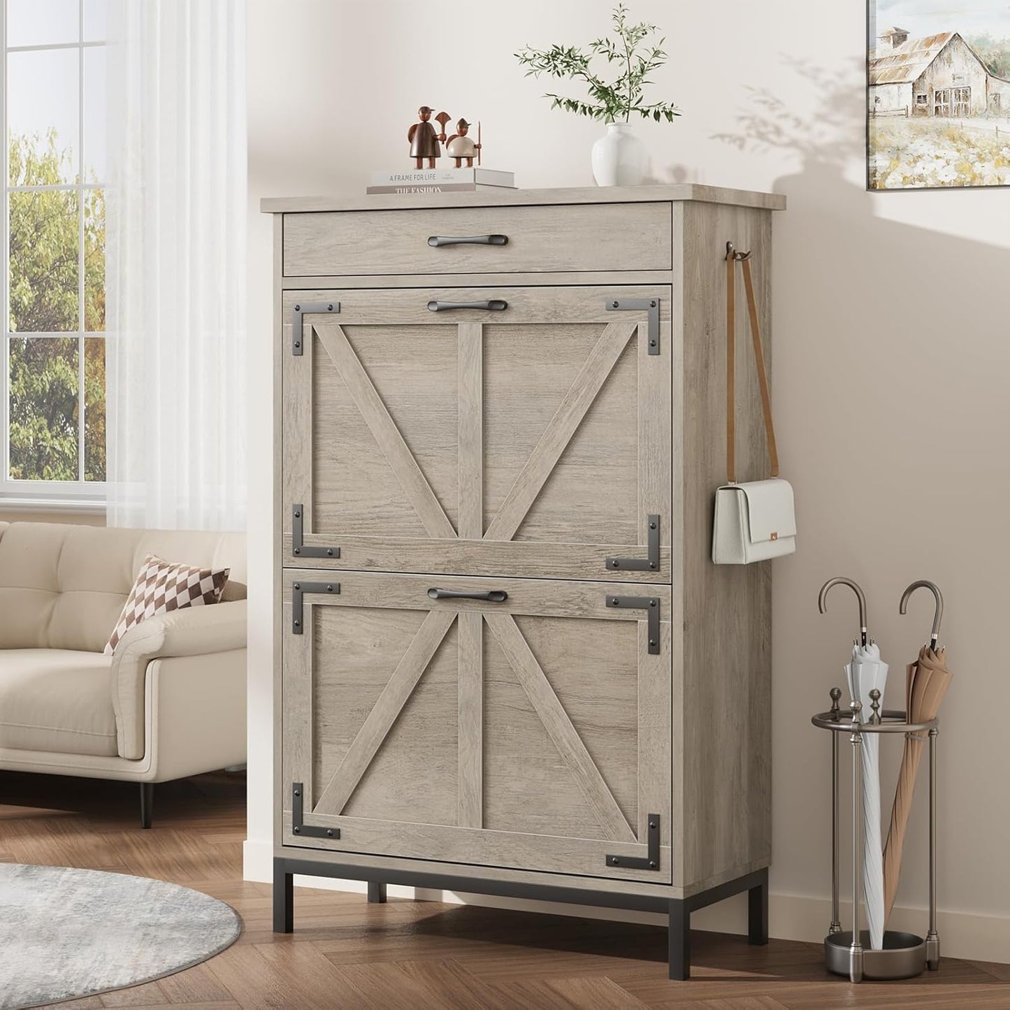 Shoe Storage Cabinet with 2 Flip Drawers, Narrow Shoe Cabinet for Entryway with 1 Top Drawer, Freestanding Hidden Shoe Rack Cabinet with Metal Legs for Foyer, Hallway (Grey)