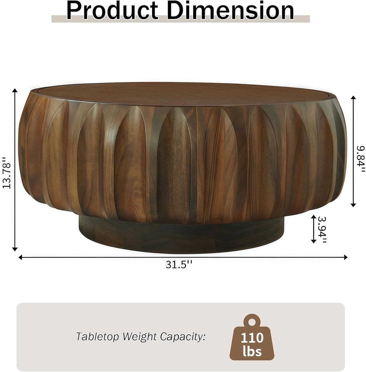 31.5" Round Coffee Table Drum Table Contemporary Wood Fluted Centry Table with Solid Wood Veneer for Living Room (Walnut)