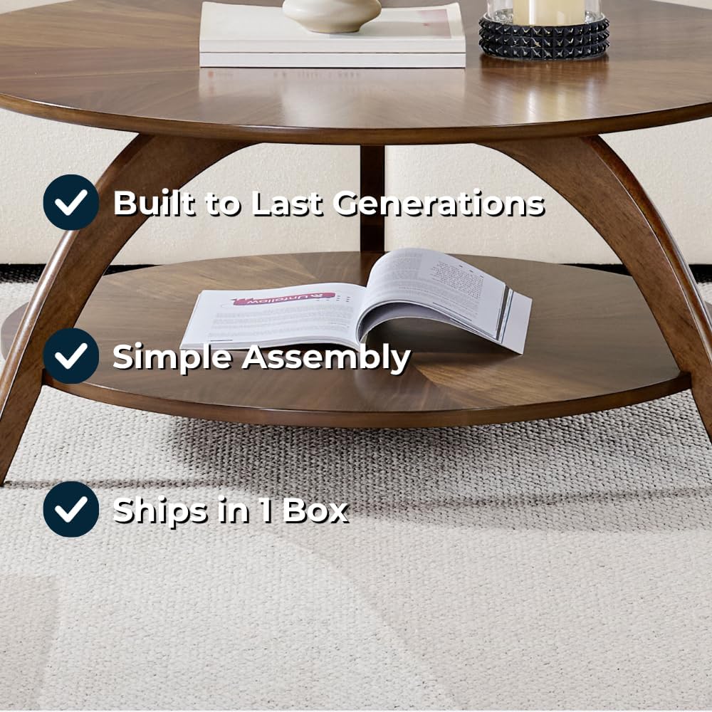 Martin Svensson Home Round Wood Walnut Brown Living Room Coffee Table with Storage Shelf