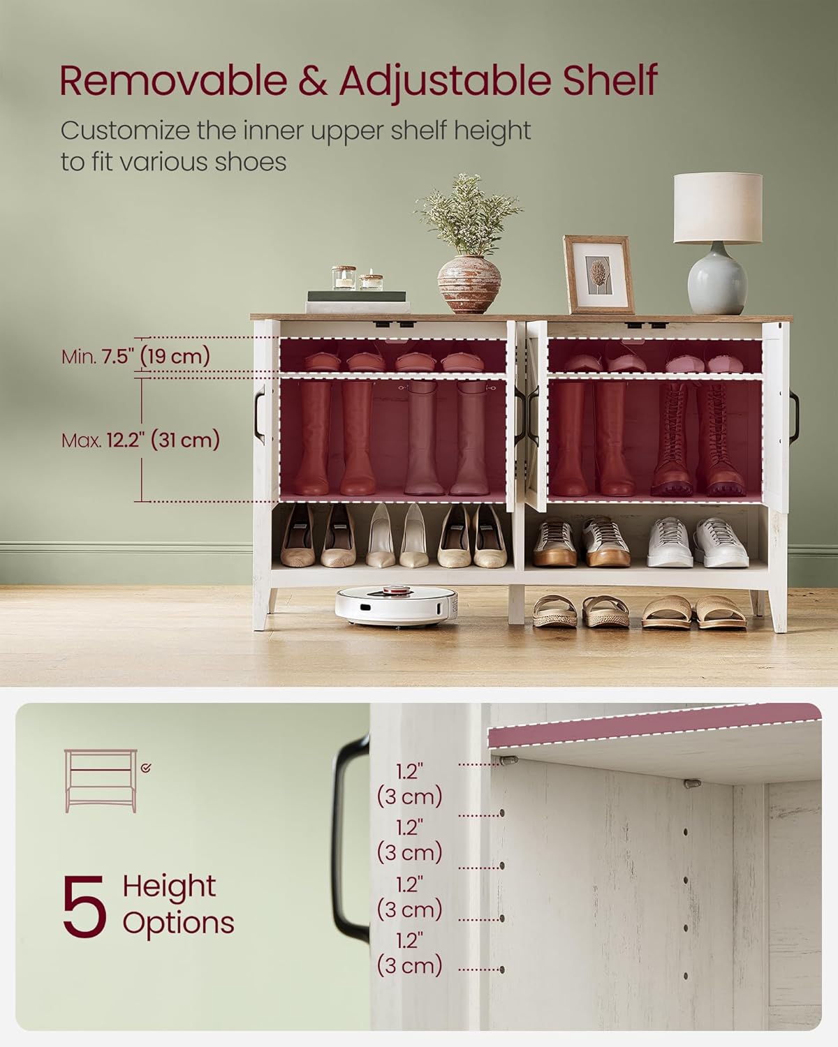 VASAGLE Shoe Cabinet, 3-Tier Shoe Storage Organizer, Farmhouse Freestanding Cabinet with Height-Adjustable Shelf, 13.8 x 47.2 x 27.6 Inches, Entryway, Rustic White ULBC039W01