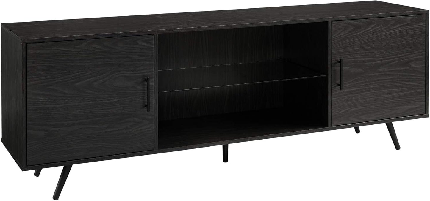 Walker Edison Saxon Mid Century Modern 2 Door Glass Shelf TV Stand for TVs up to 80 Inches, 70 Inch, Dark Walnut