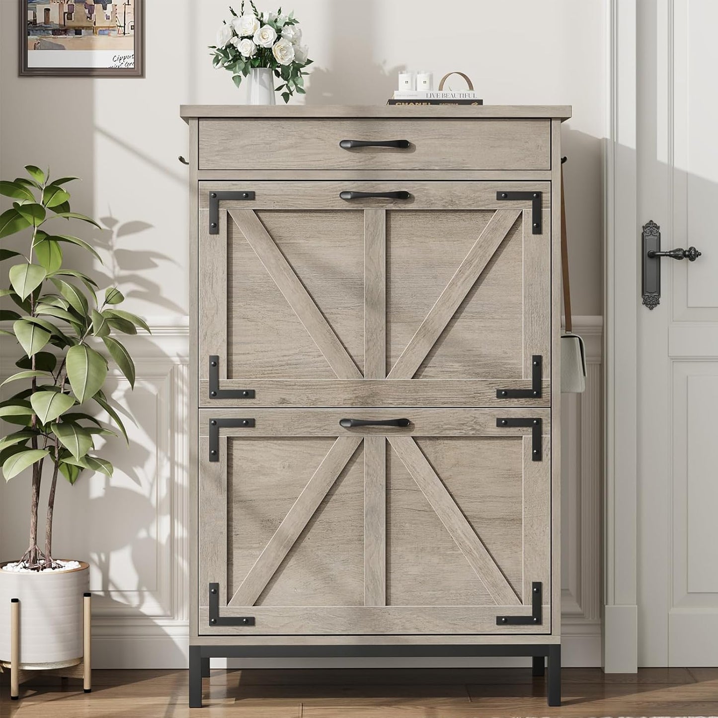 Shoe Storage Cabinet with 2 Flip Drawers, Narrow Shoe Cabinet for Entryway with 1 Top Drawer, Freestanding Hidden Shoe Rack Cabinet with Metal Legs for Foyer, Hallway (Grey)