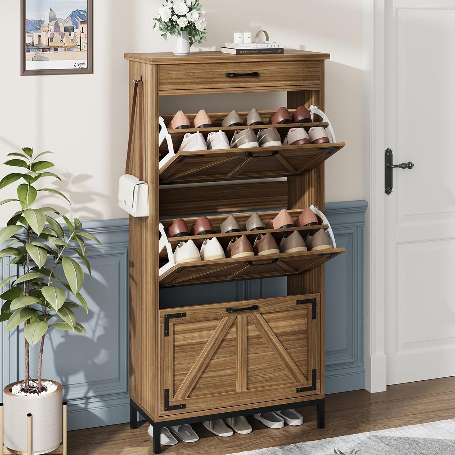 Shoe Storage Cabinet with 2 Flip Drawers, Narrow Shoe Cabinet for Entryway with 1 Top Drawer, Freestanding Hidden Shoe Rack Cabinet with Metal Legs for Foyer, Hallway (Grey)