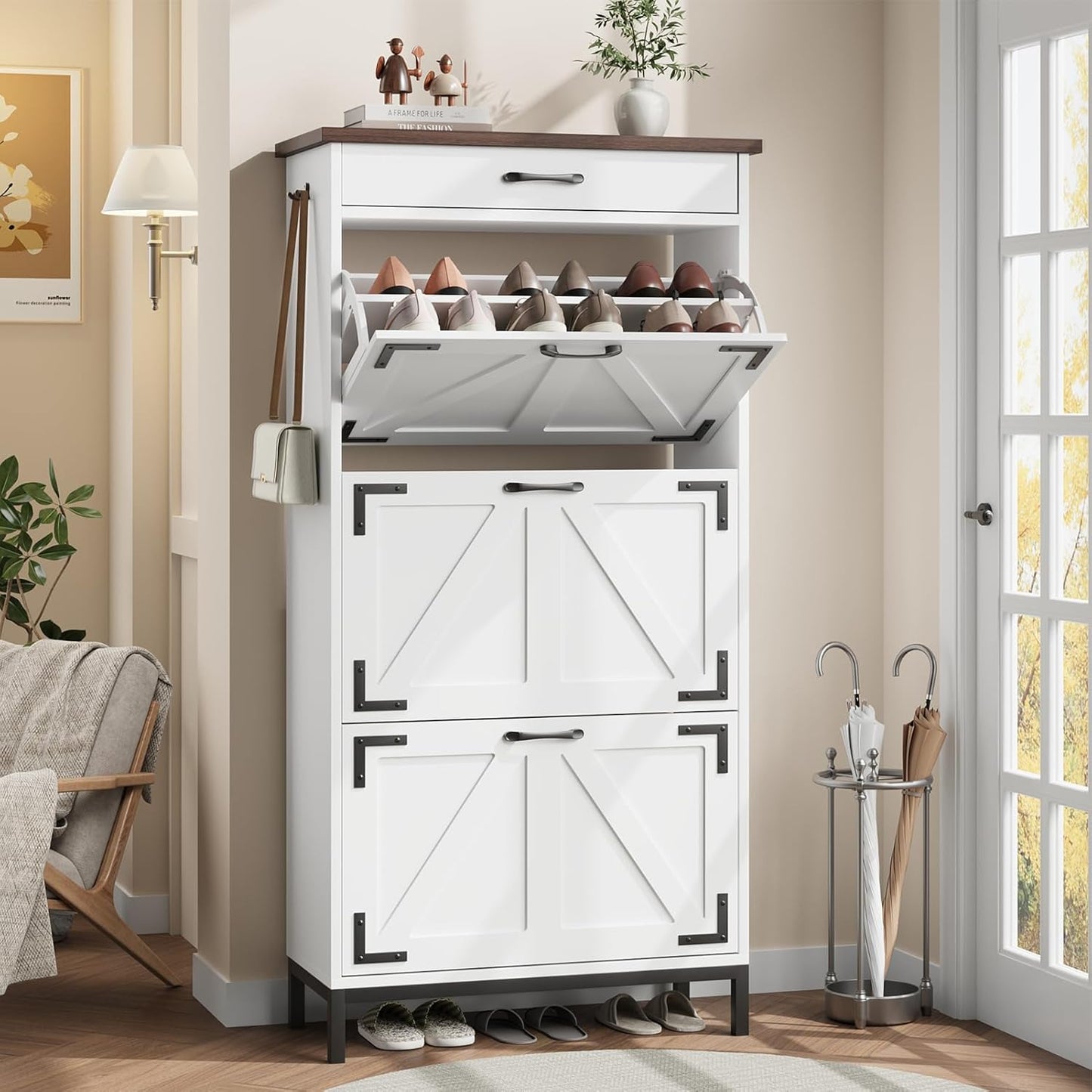 Shoe Storage Cabinet with 2 Flip Drawers, Narrow Shoe Cabinet for Entryway with 1 Top Drawer, Freestanding Hidden Shoe Rack Cabinet with Metal Legs for Foyer, Hallway (Grey)