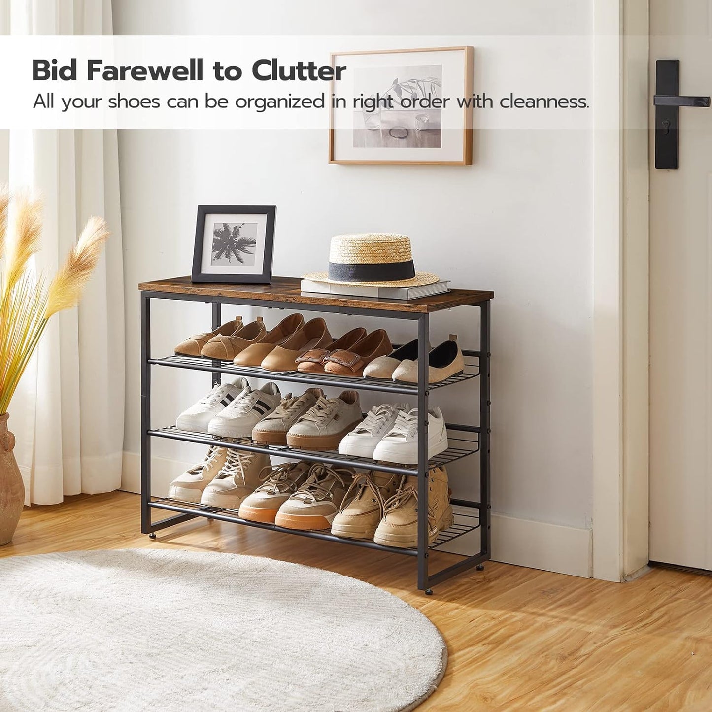 HOOBRO Shoe Rack, 4 Tier Shoe Organizer, Adjustable Shoe Shelves, Flat or Slanted, Holds 9-12 Pairs, Stable and Durable for Entryway, Closet, Rustic Brown and Black BF09XJ01