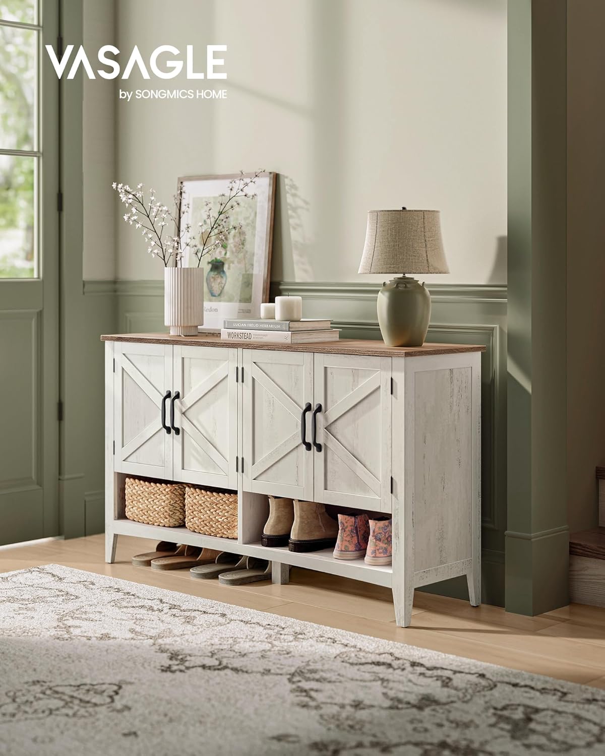 VASAGLE Shoe Cabinet, 3-Tier Shoe Storage Organizer, Farmhouse Freestanding Cabinet with Height-Adjustable Shelf, 13.8 x 47.2 x 27.6 Inches, Entryway, Rustic White ULBC039W01