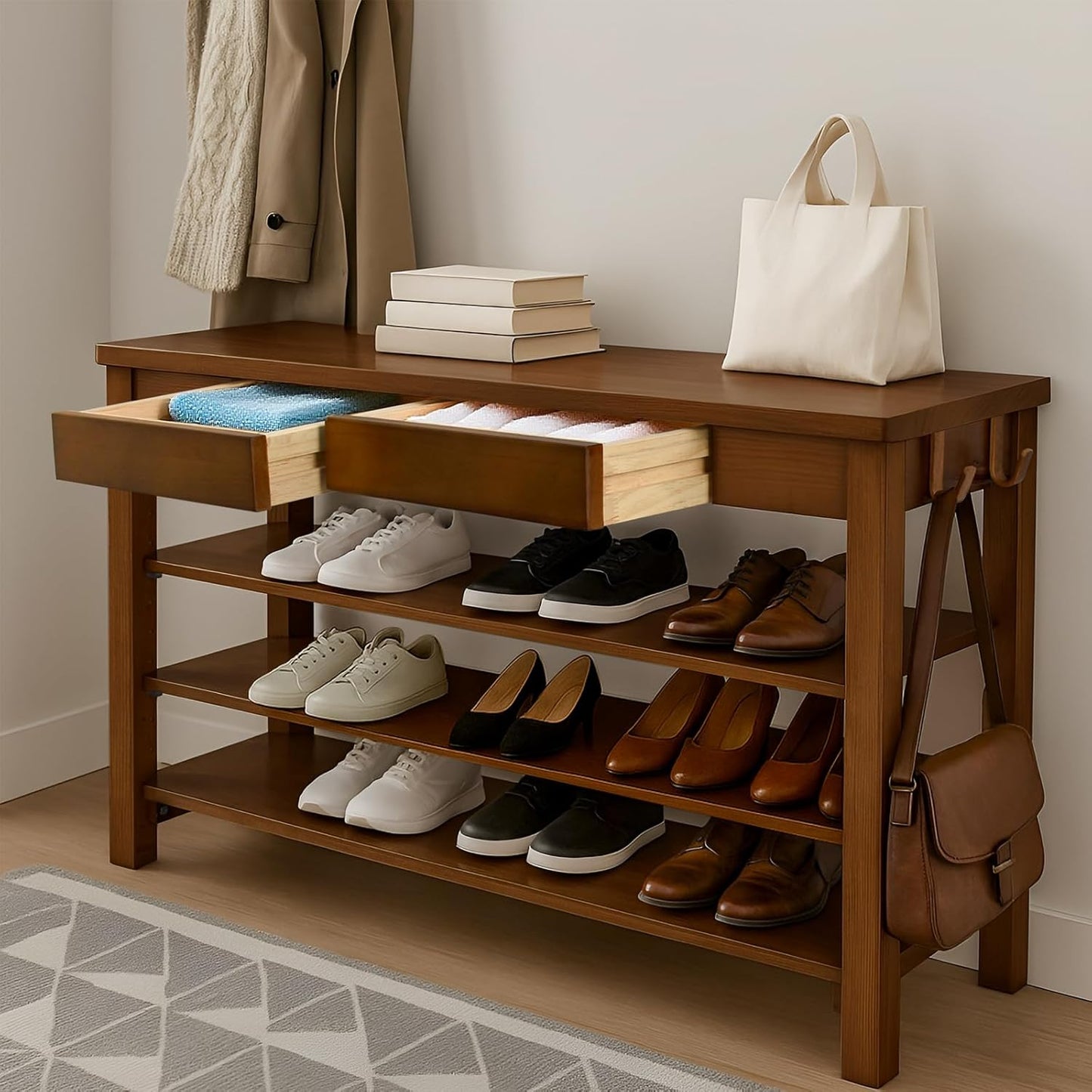 Wood Shoe Bench Entryway with Drawer: 3-Tiers Wooden Storage Shoe Rack with Bench Seat, Compact Mid-Century Modern Design for Entryway, Hallway, Closet,Front Door Entrance,Foyer Natural 43.3"