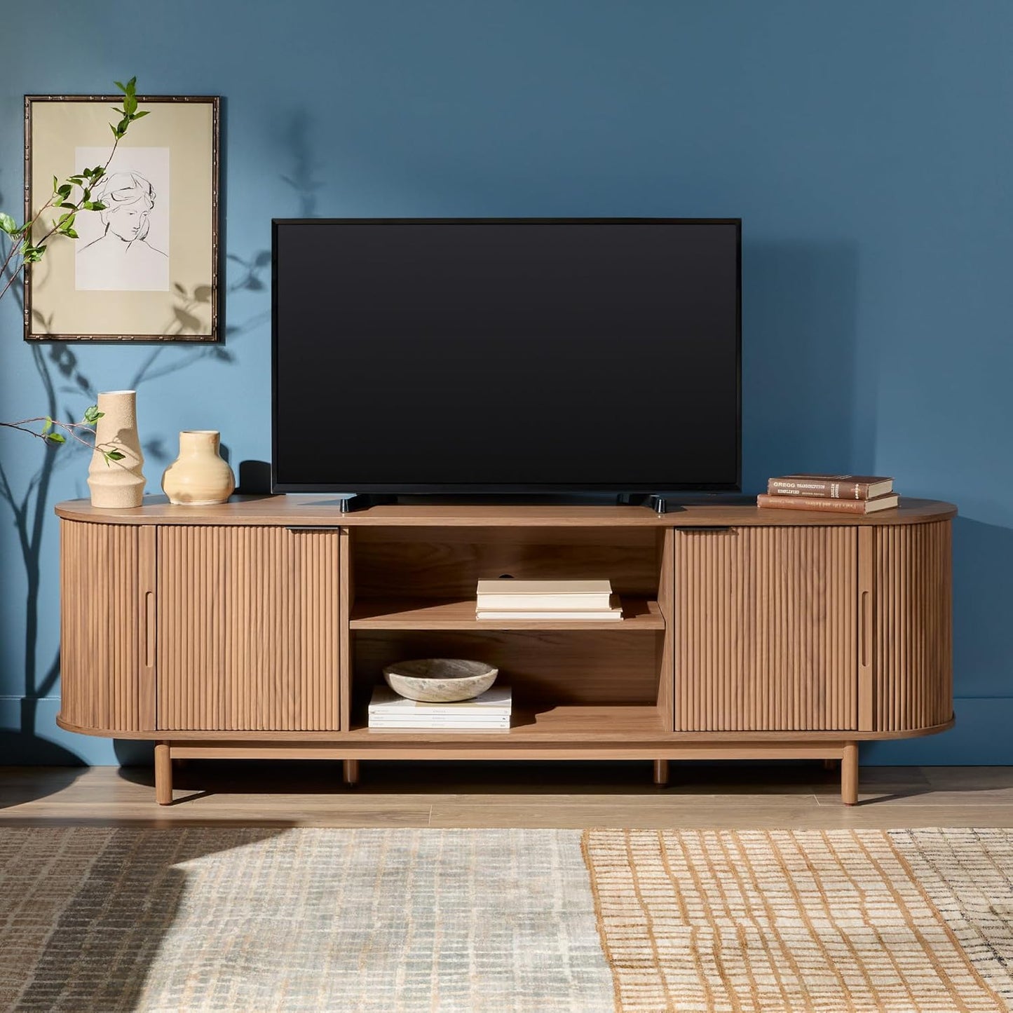 Walker Edison Modern Curved Reeded TV Stand for TVs up to 70 Inches, Credenza with Sliding Doors and Adjustable Shelves, TV Stand with Cord Management Cutout, 60 Inch, Mocha