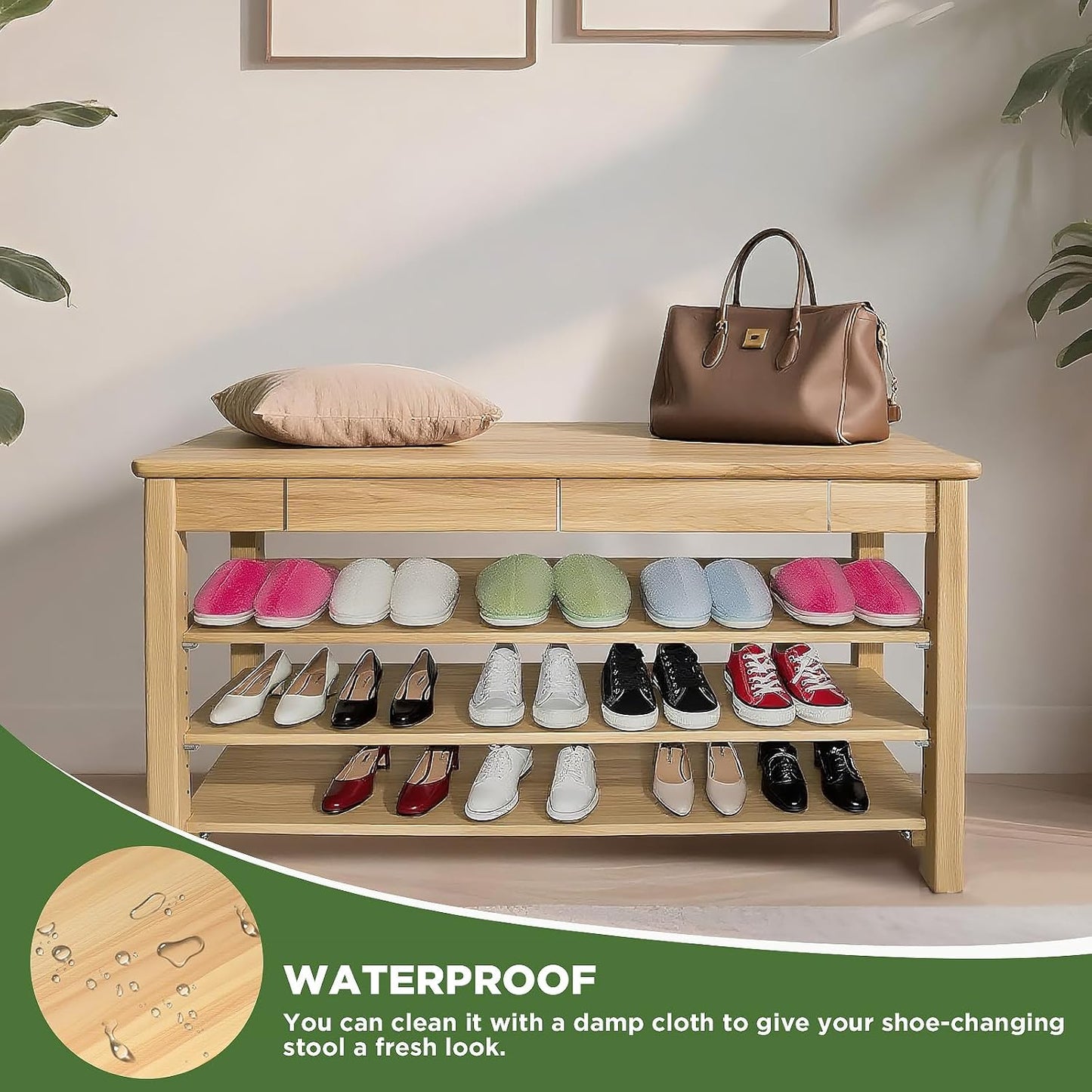 Wood Shoe Bench Entryway with Drawer: 3-Tiers Wooden Storage Shoe Rack with Bench Seat, Compact Mid-Century Modern Design for Entryway, Hallway, Closet,Front Door Entrance,Foyer Natural 43.3"